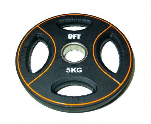 Диск олимпийский полиуретановый черный с четырьмя хватами 5 кг Original Fit.Tools ф50 мм Диск олимпийский полиуретановый черный с четырьмя хватами 5 кг Original Fit.Tools ф50 мм
